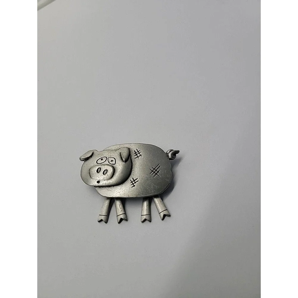 Vintage JJ Jonette Pig Brooch Silver Tone Dangle Articulated Legs Farm Animal